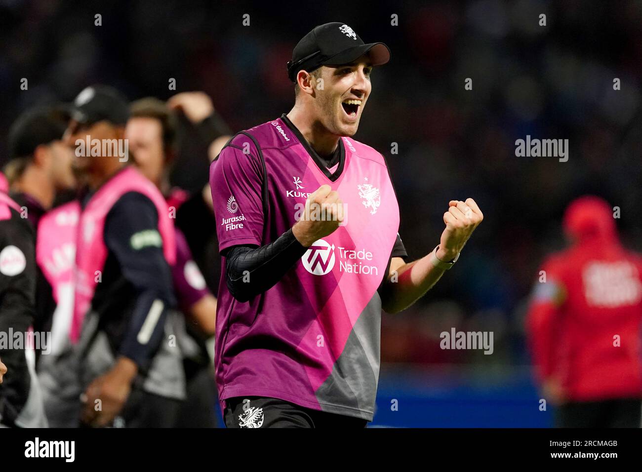 Craig Overton di Somerset festeggia dopo la vittoria dei loro contendenti dopo il Vitality Blast T20 final match a Edgbaston, Birmingham. Data foto: Sabato 15 luglio 2023. Foto Stock