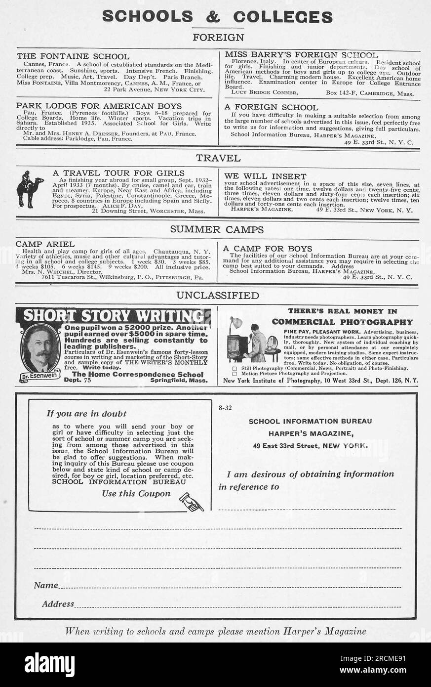 Pagina pubblicitaria di Foreign Schools and Colleges su una rivista agosto 1932 Foto Stock