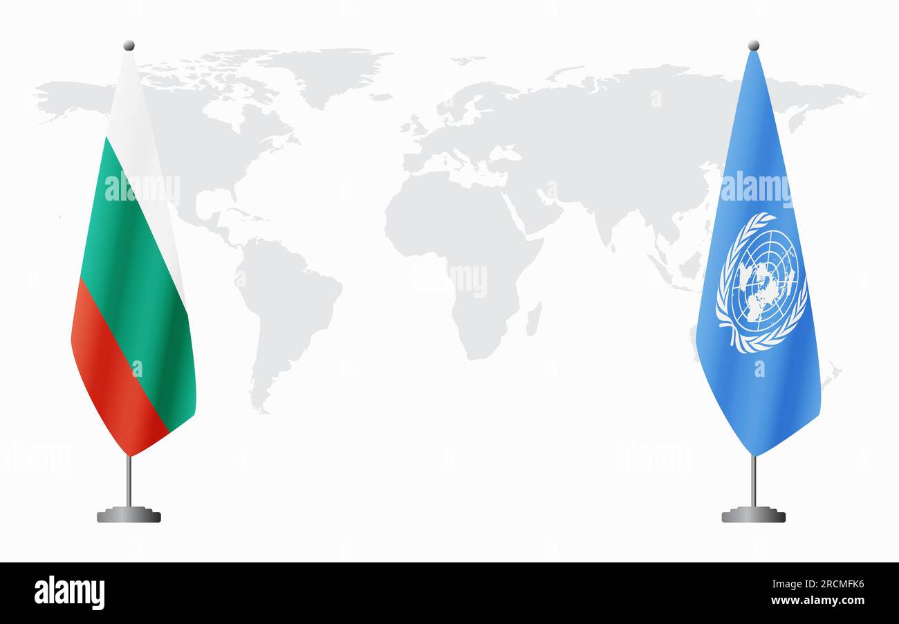 La Bulgaria e le Nazioni Unite bandiere per un incontro ufficiale sullo sfondo della mappa mondiale. Illustrazione Vettoriale