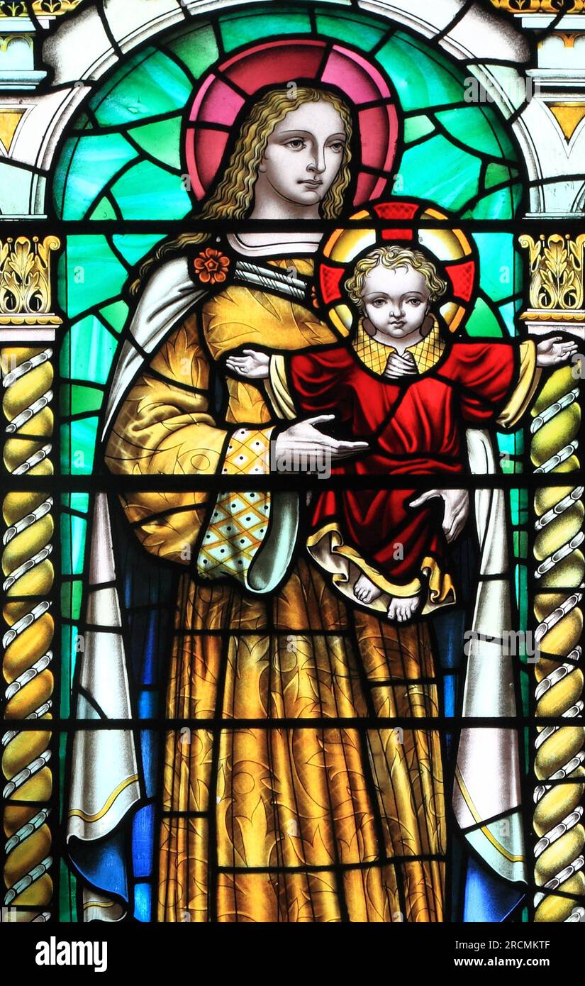 Mary e Jesus, vetrata, Burnham Market westgate Church, Norfolk, Inghilterra, Regno Unito Foto Stock