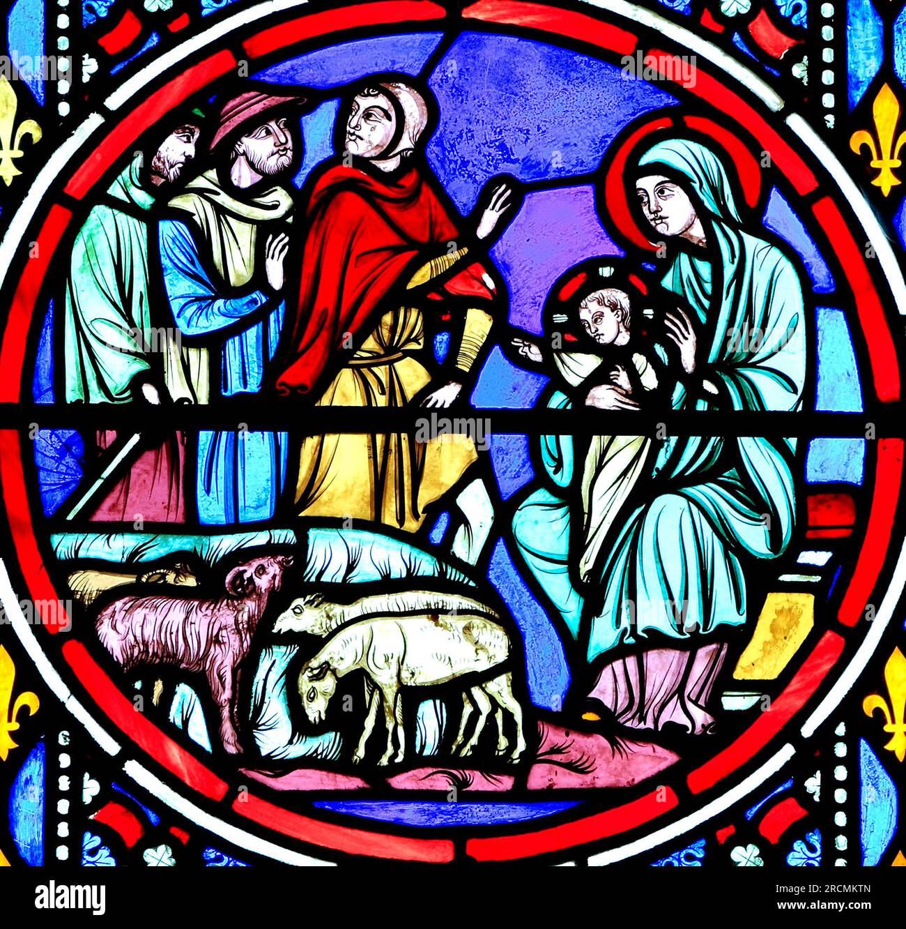 Finestra della Natività, vetrate colorate di Oudinot di Parigi, 1861, Chiesa di Feltwell, Norfolk, Pastori visitano il Gesù e Maria appena nati, Natale Foto Stock