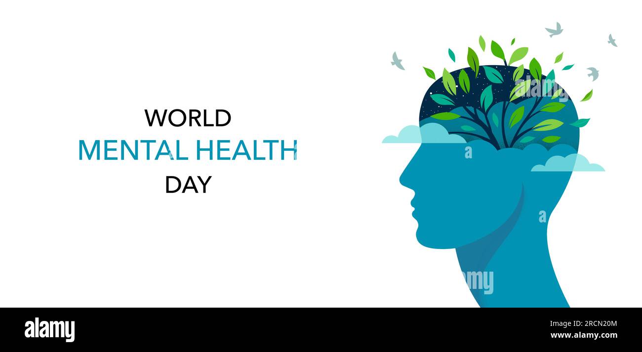 Giornata mondiale della salute mentale, design concettuale con profilo astratto della testa umana, fiori e uccelli Illustrazione Vettoriale