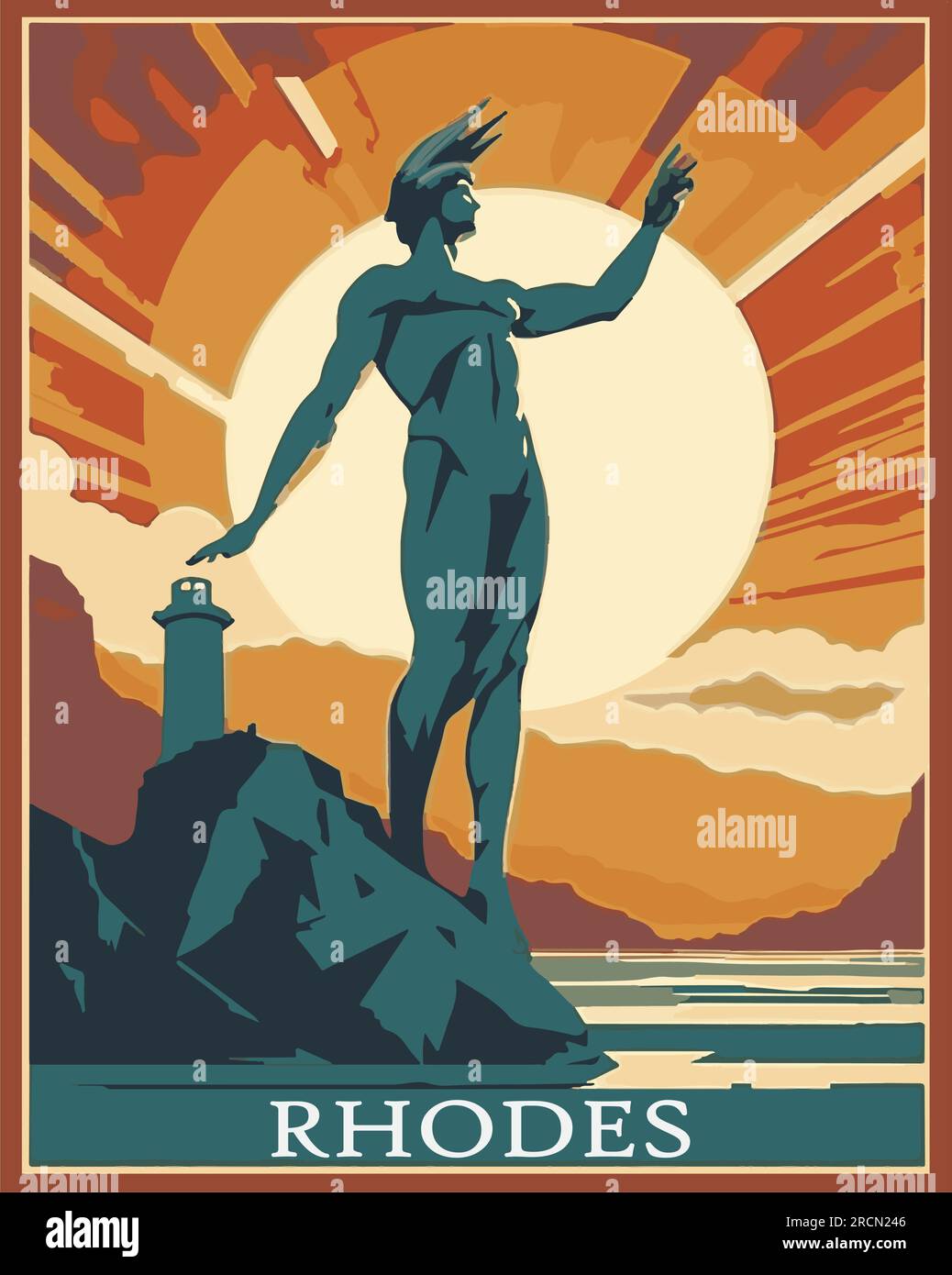 Illustrazione in stile poster di viaggio d'epoca del Colossus di Rodi, meraviglia del mondo antico. Illustrazione Vettoriale