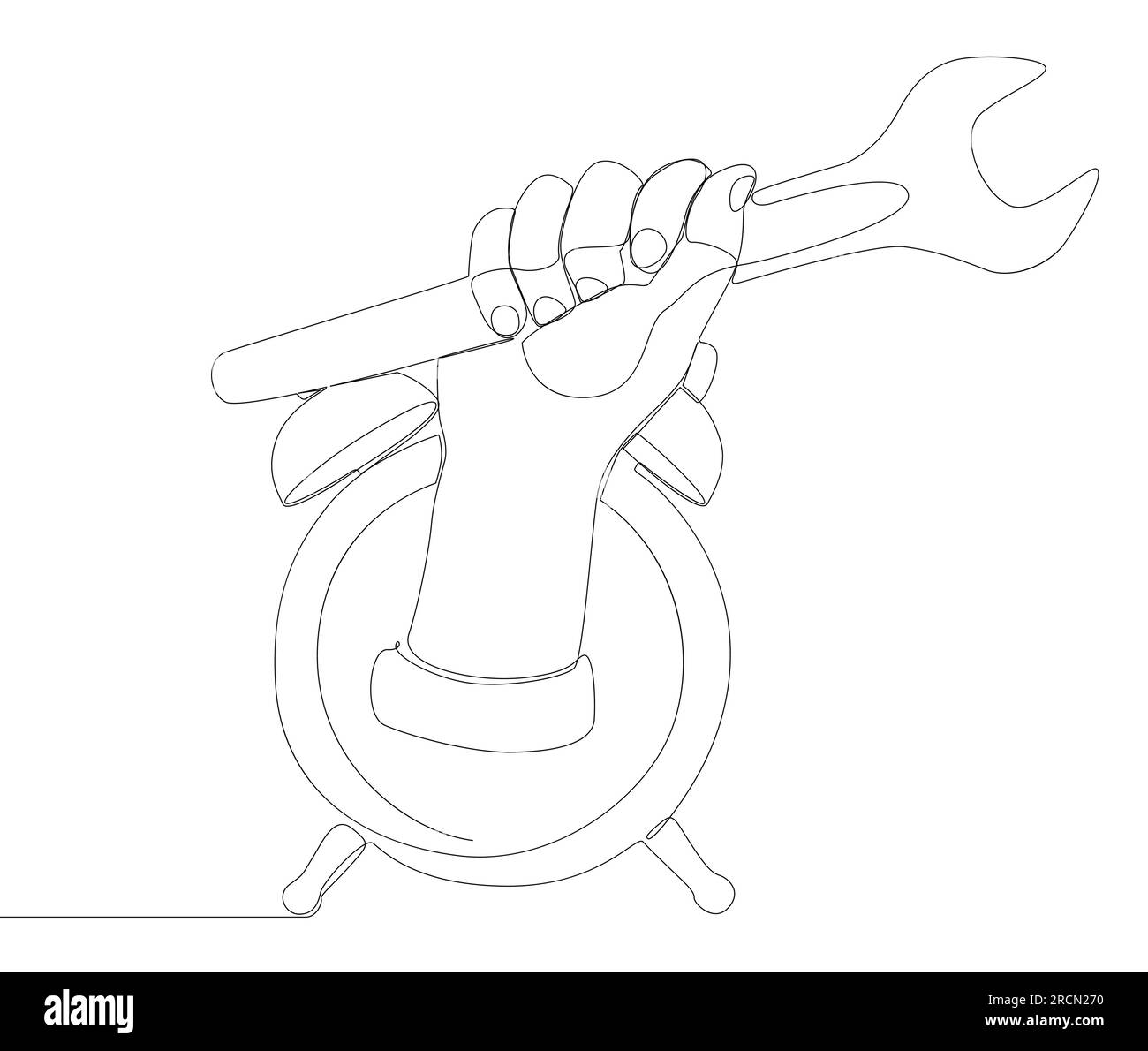 Una linea continua di sveglia con chiave. Concetto vettoriale illustrazione a linee sottili. Idee creative per disegnare contorni. Illustrazione Vettoriale