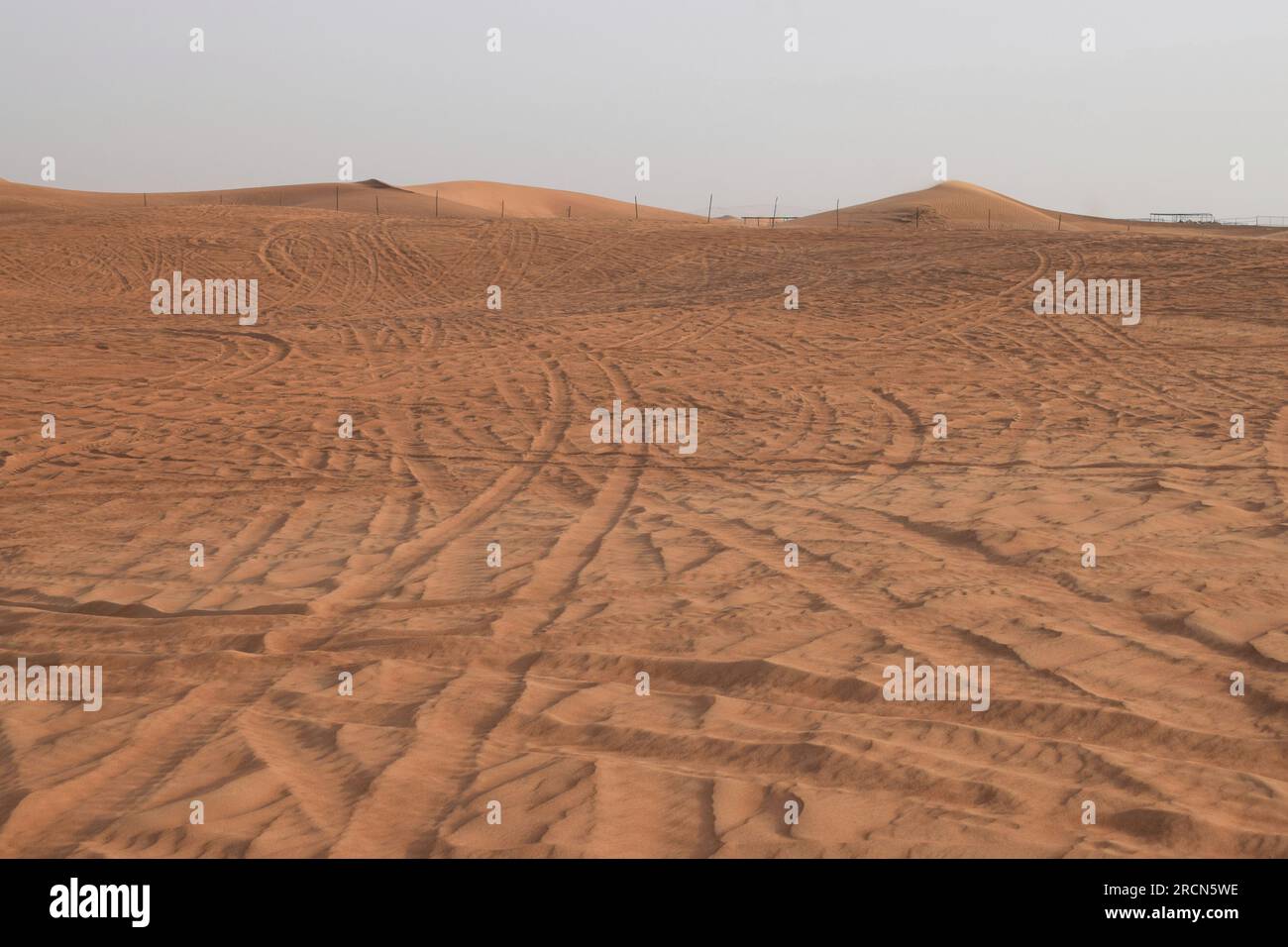 Vista panoramica del deserto e tracce di pneumatici in serata. Safari nel deserto di Dubai, luogo per quad atv. Foto Stock