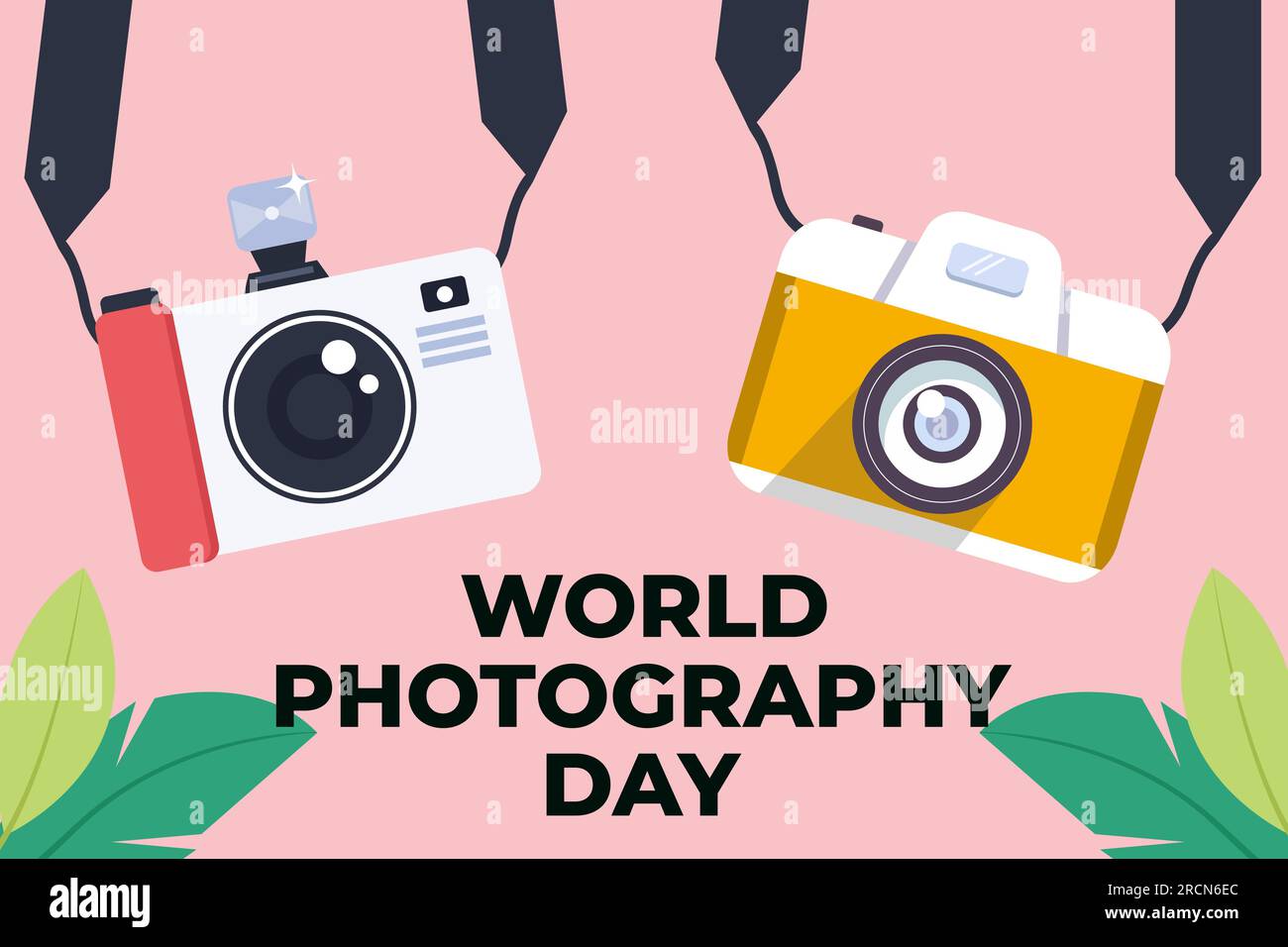 illustrazione di sfondo del giorno della fotografia mondiale con due fotocamere appese Illustrazione Vettoriale