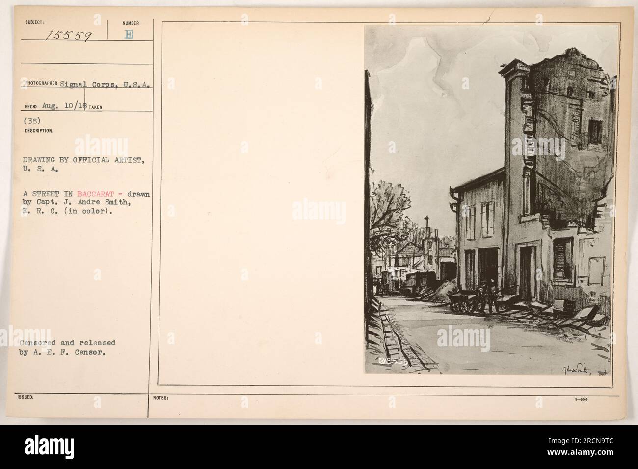 Strada nella città di Baccarat durante la prima guerra mondiale. L'immagine raffigura le conseguenze dell'attività militare, con edifici e strade che mostrano segni di danni. Il disegno, completato dal capitano J. Andre Smith, mostra l'entità della distruzione durante la guerra. L'immagine è stata censurata e pubblicata da A.E.F. Censor. Foto Stock