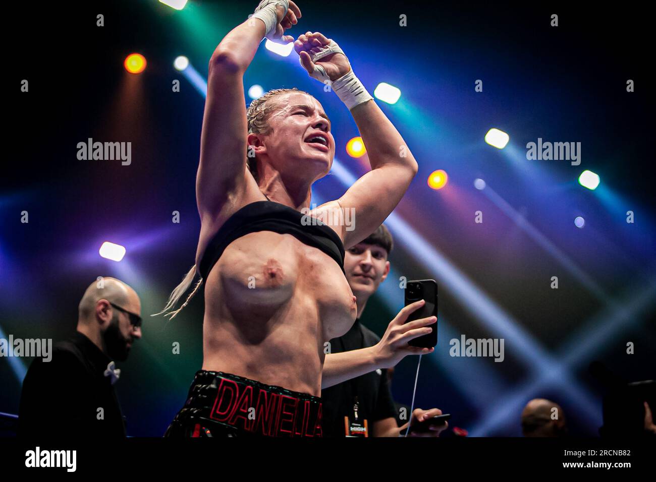 DUBLIN, IRELAND - JULY 15: Daniella Hemsley celebrates her victory over  Ms.Danielka showing her intimate parts during the Kingpyn Boxing: Semifinal  High Stakes tournament event on July 15, 2023, at Three Arena