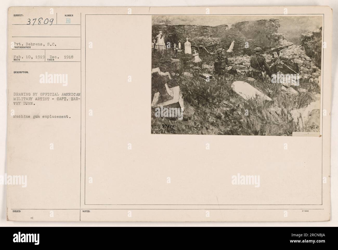 Soldato americano in una postazione mitragliatrice durante la prima guerra mondiale. Il soldato nella foto e' identificato come Pvt. Behrens, S.C. La foto è stata scattata dal capitano Harvey Dunn, un artista militare ufficiale americano nel dicembre 1918. Foto Stock