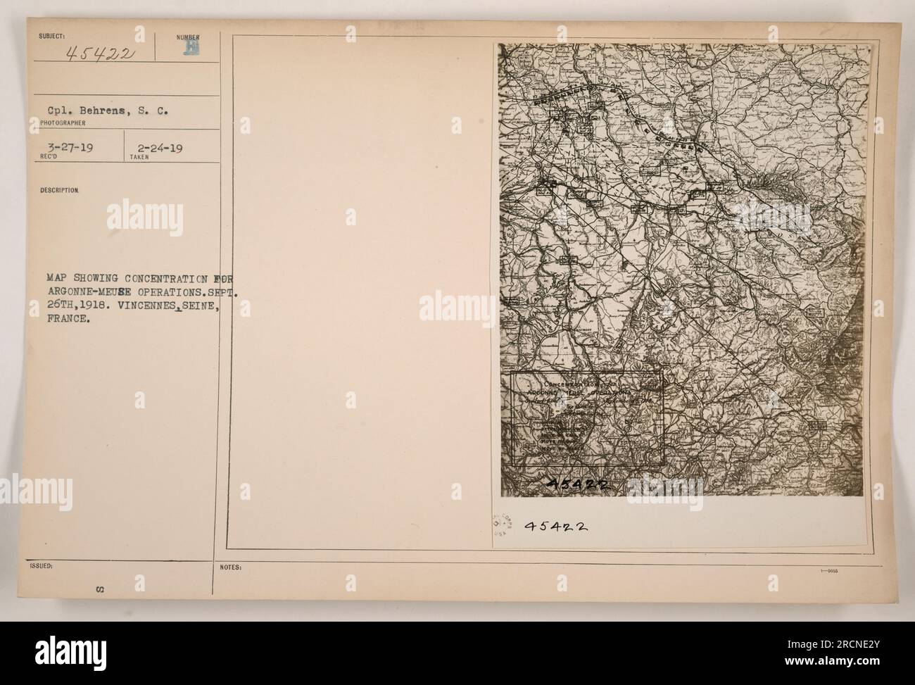 Mappa fotografica che raffigura la concentrazione delle forze americane per l'operazione Argonne-Meuse il 26 settembre 1918 a Vincennes, Senna, Francia. La foto è stata scattata dal caporale Behrens del Signal Corps. Questa particolare copia ricevuta è stata etichettata con il numero 45422 il 27 marzo 1919. Foto Stock