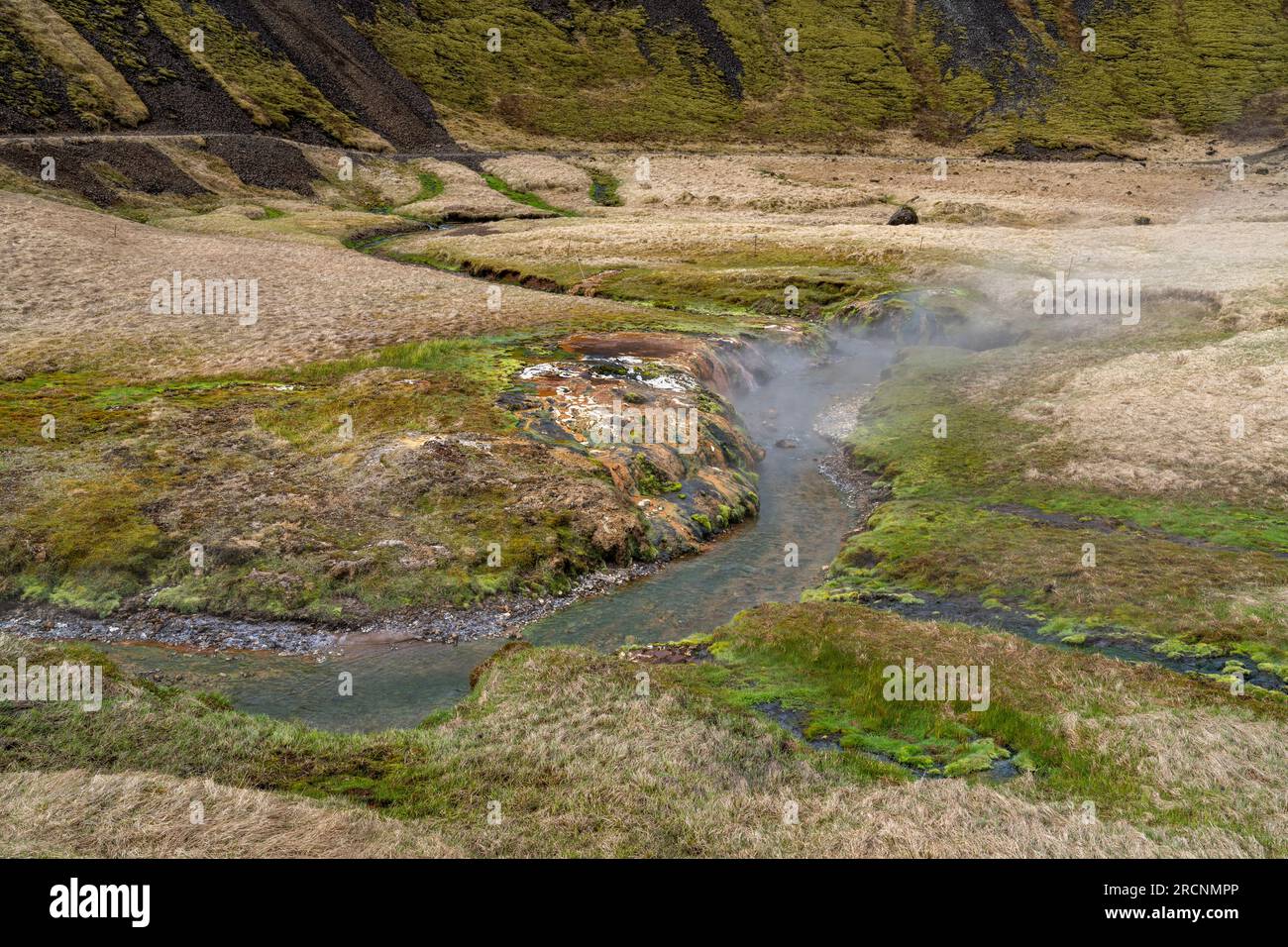 Vapore caldo flusso d'acqua nelle sorgenti termali di Reykjadalur in Islanda Foto Stock