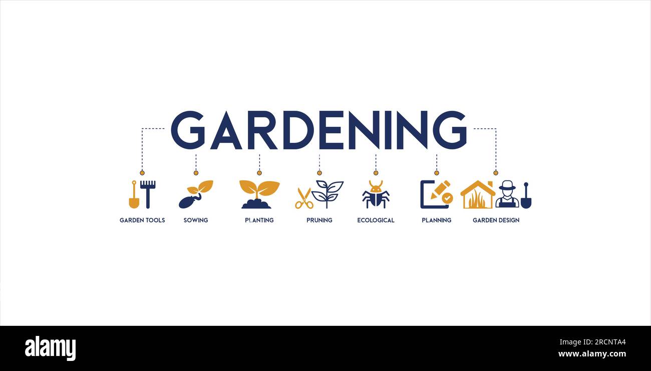 Icone di giardinaggio insieme e elementi di disegno illustrazione vettoriale con l'icona di attrezzi di giardino, semina, piantando, potando, ecologico, pianificazione e giardino Illustrazione Vettoriale