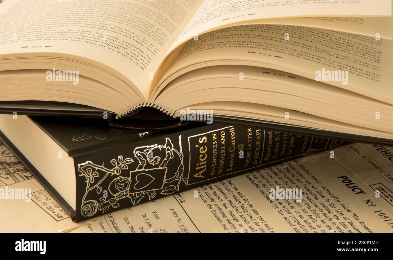 Libri classici in pelle impilati aperti Foto Stock