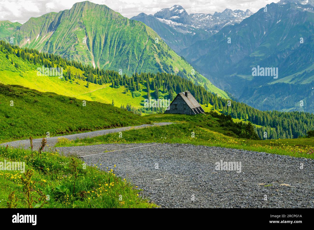 Belle strade tortuose attraverso i verdi prati alpini e l'autentico rifugio di montagna a Diedamskopf, Austria. Natura panoramica delle Alpi europee Foto Stock