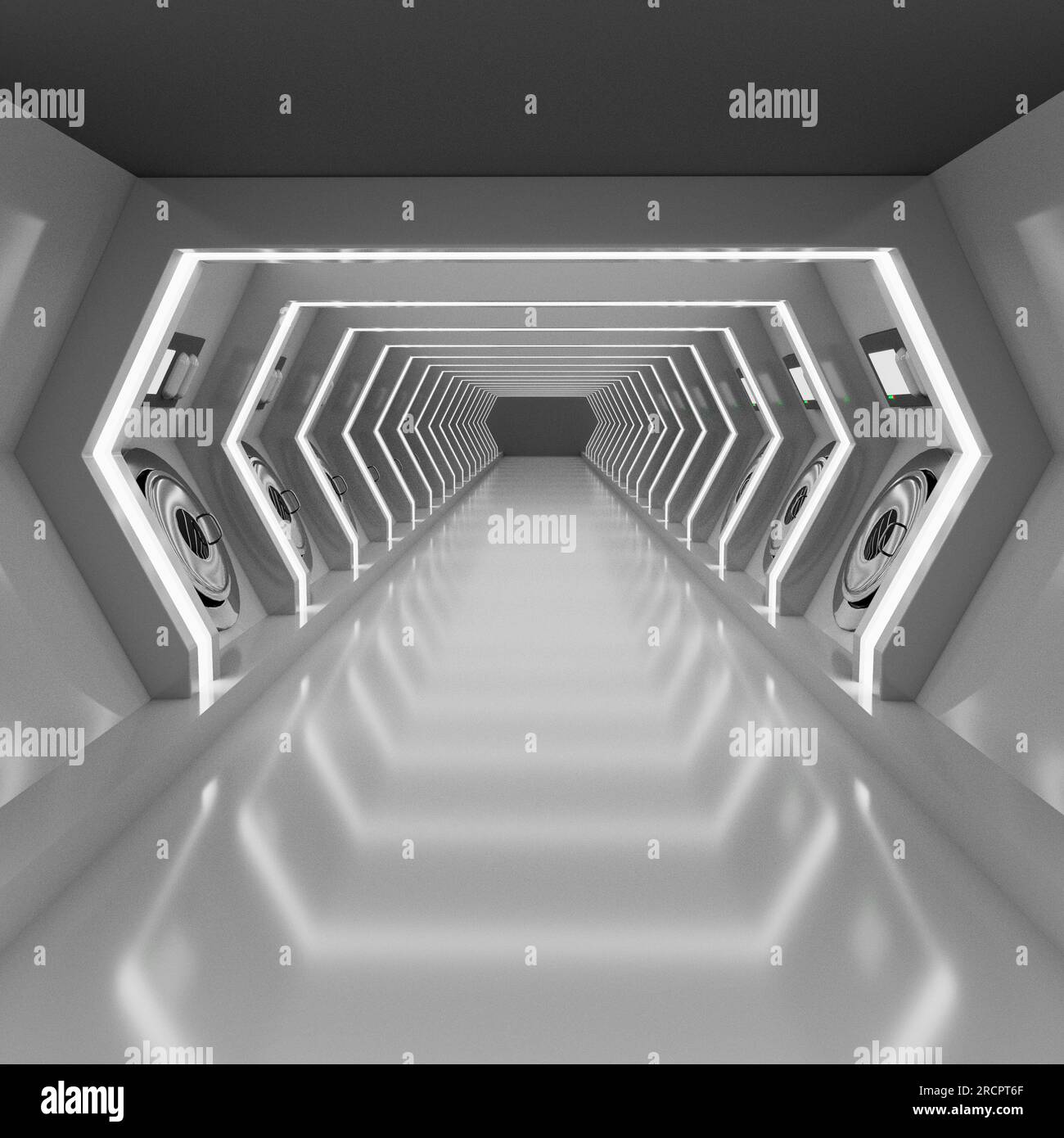 Lungo corridoio con portelli della capsula di evacuazione Foto Stock