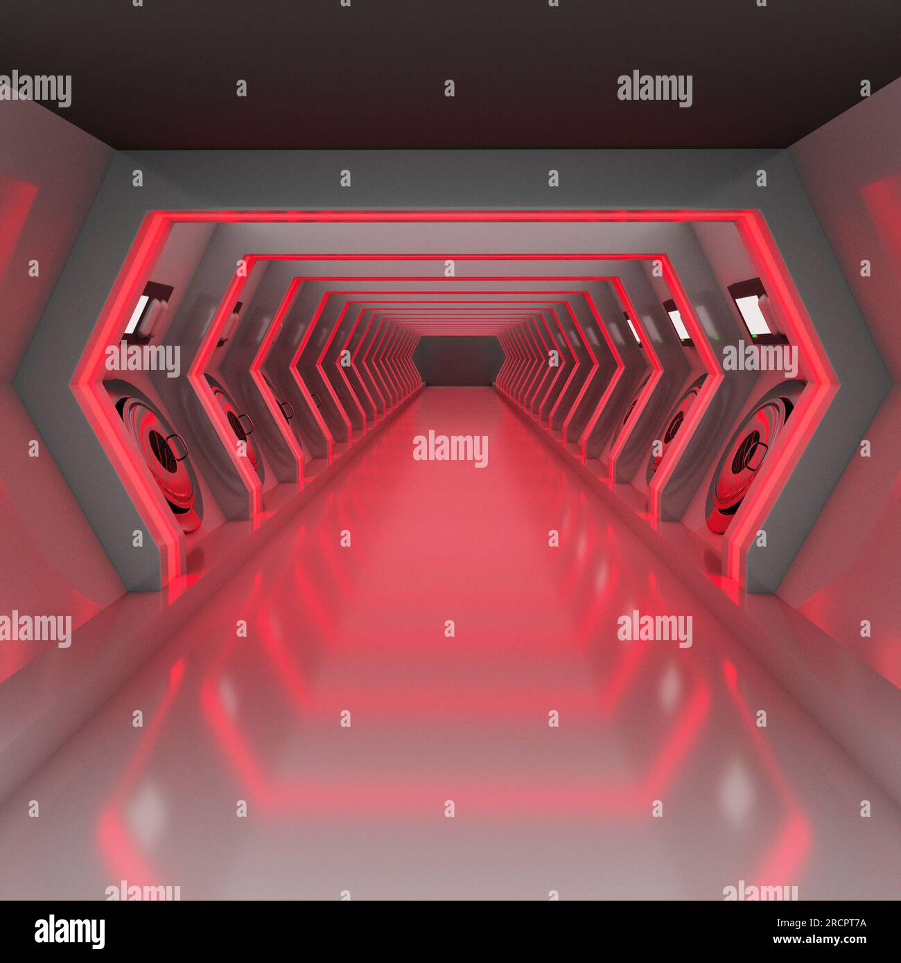 Lungo corridoio con portelli della capsula di fuga illuminati di luce rossa Foto Stock