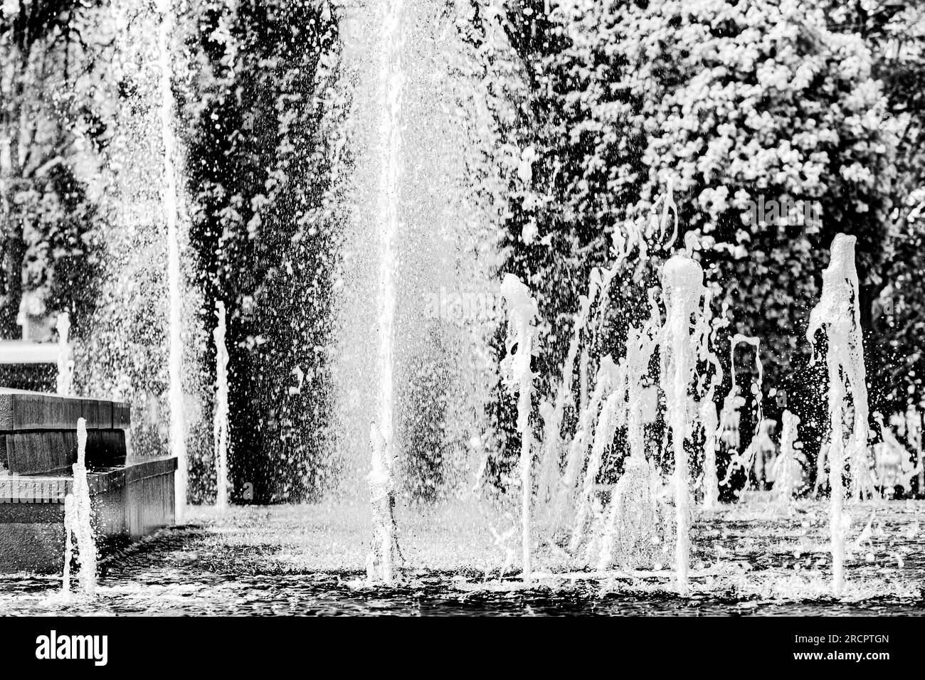 Jets d'eau de la fontaine Place de la République à Digione. EN noir et blanc. Foto Stock