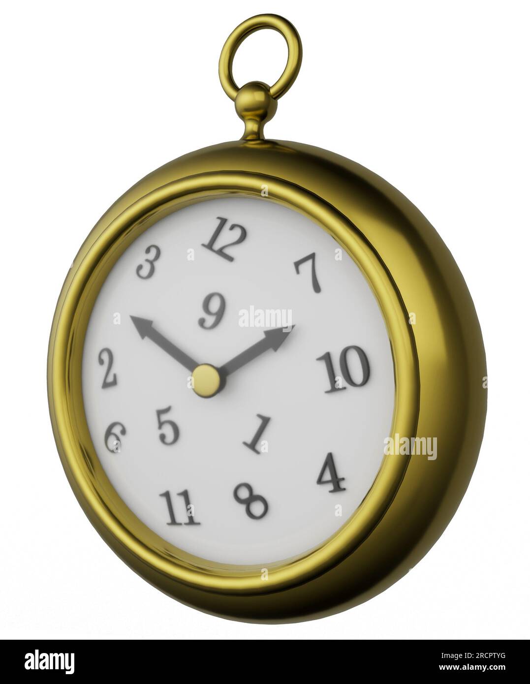 Orologio da tasca oro con numeri incastrati sul quadrante dell'orologio, che suggerisce caos e pandemonio, isolato su sfondo bianco Foto Stock