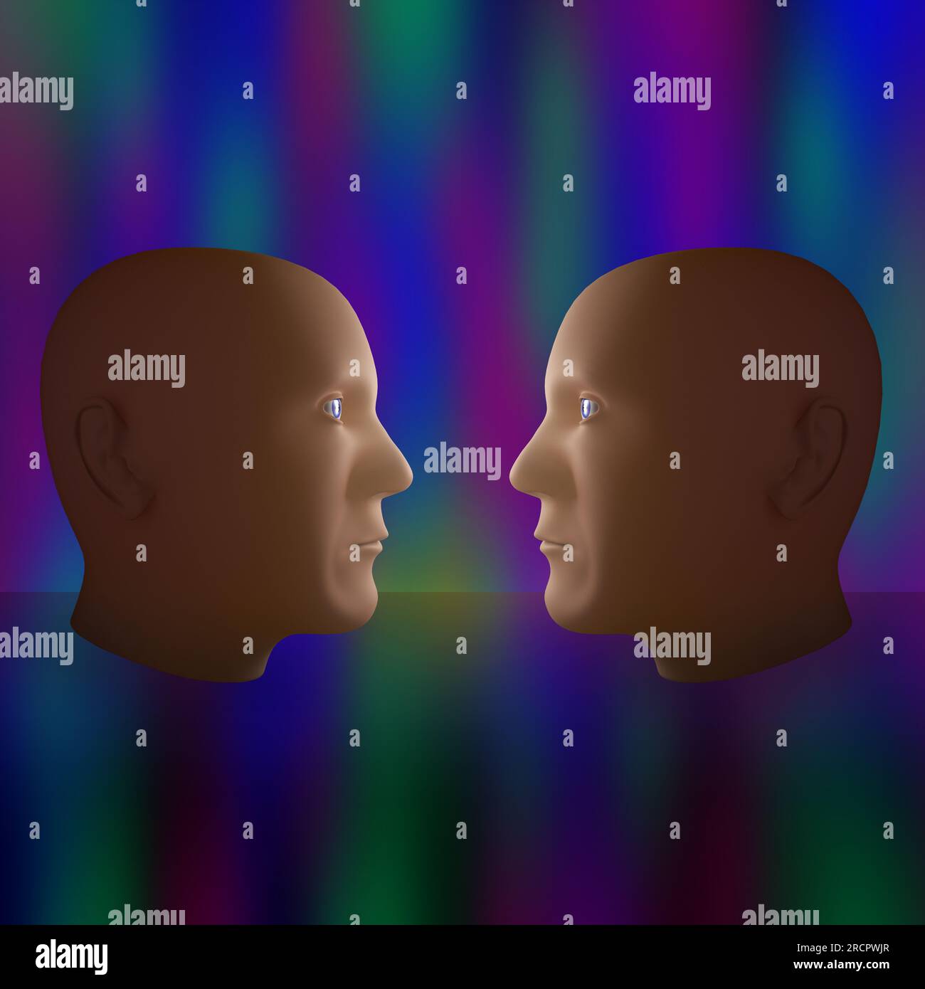 Due teste modellate in 3D faccia a faccia in uno spazio astratto. Questa immagine NON è stata creata con A.I. Foto Stock
