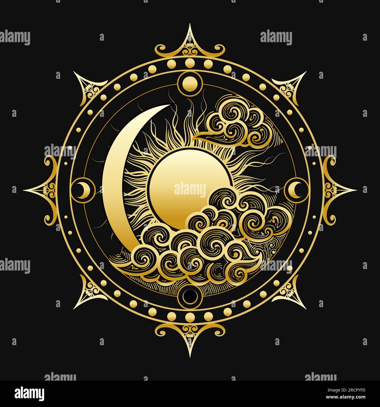 Sole dorato astrologico medievale con nuvole e fasi della Luna isolate su sfondo nero. Illustrazione vettoriale Illustrazione Vettoriale
