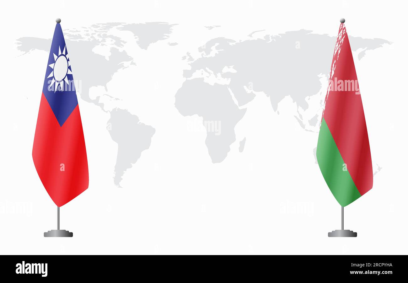 Bandiere di Taiwan e bielorusse per riunioni ufficiali sullo sfondo della mappa mondiale. Illustrazione Vettoriale