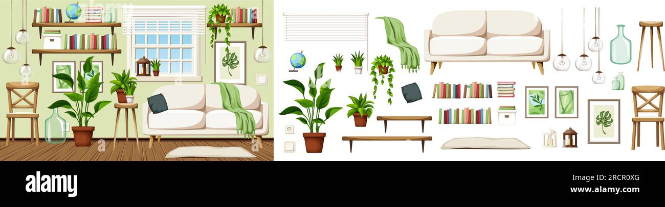 Interno del soggiorno scandinavo con un divano, una sedia, scaffali e piante da casa. Interni accoglienti. Set di mobili. Costruttore di interni Illustrazione Vettoriale