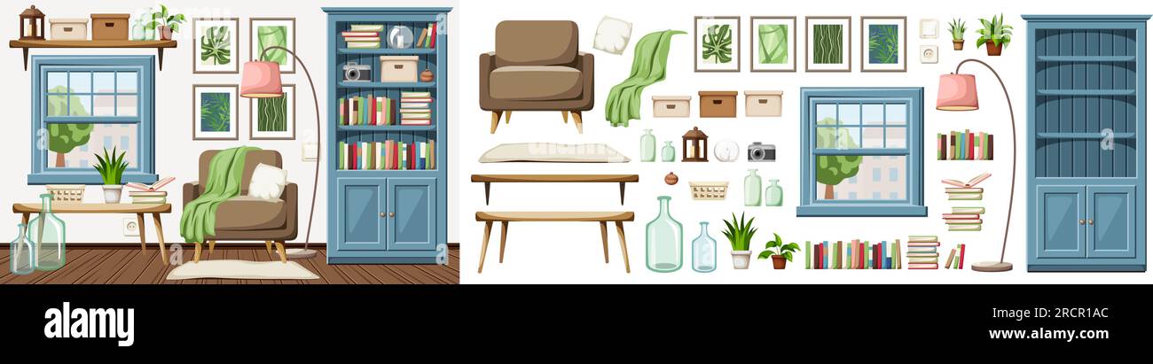 Design interno del soggiorno con una poltrona, una libreria blu e una finestra blu. Set di mobili. Costruttore di interni. Illustrazione vettoriale dei cartoni animati Illustrazione Vettoriale