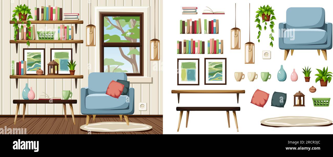 Design interno del soggiorno con poltrona blu, scaffali, finestra e lampade a sospensione. Set di mobili. Costruttore di interni. Vettore cartoon Illustrazione Vettoriale