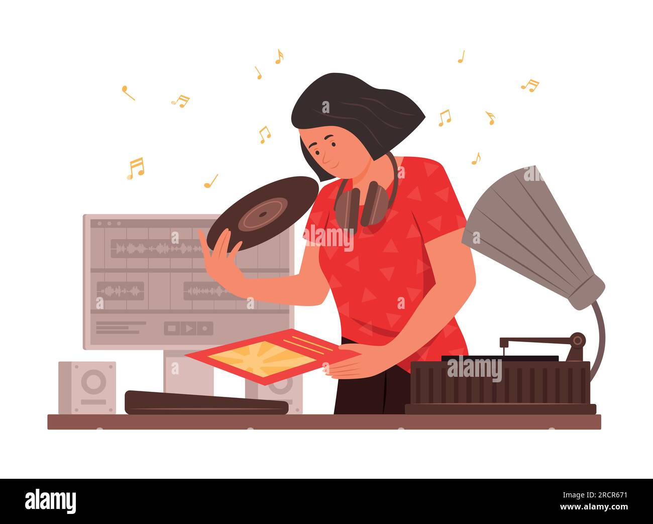 DJ Woman che mixa musica con Vinyl Records Disc e record audio Sounds Concept Illustration Illustrazione Vettoriale