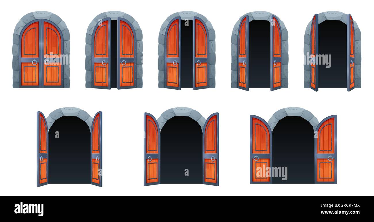 Porta a castello aperta, animazione con illustrazione vettoriale. Cartoni animati isolati, cancelli in legno vintage chiusi, sequenza di apertura di doppie porte marroni all'interno di un arco in pietra della porta nella prigione medievale Illustrazione Vettoriale