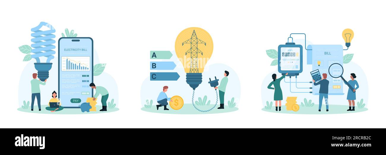 Illustrazione vettoriale del set di soluzioni per il pagamento e il risparmio delle bollette elettriche. Cartoni animati le persone più piccole controllano le letture dei contatori elettrici e pagano per kilowatt, risparmiano energia e denaro con la lampadina CFL Illustrazione Vettoriale