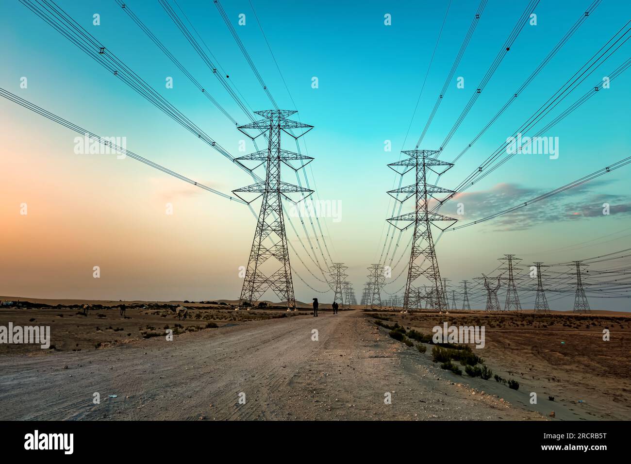 Alta tensione una torre elettrica al tramonto vicino al deserto di al Hofuf - Arabia Saudita. Foto Stock