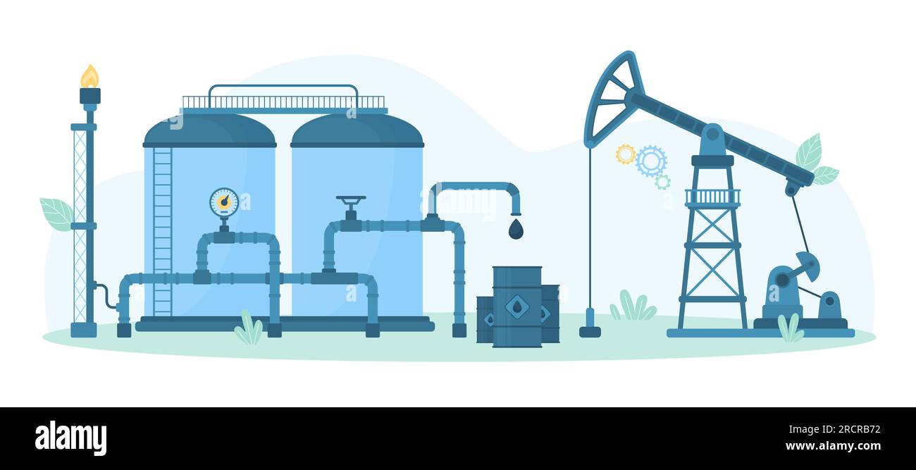 Attrezzatura dell'industria petrolifera per l'esplorazione dei giacimenti petroliferi e illustrazione dei vettori di stoccaggio. Martinetto di perforazione per cartoni animati per l'estrazione di risorse naturali, serbatoio industriale con tubazioni, pompe e torri Illustrazione Vettoriale