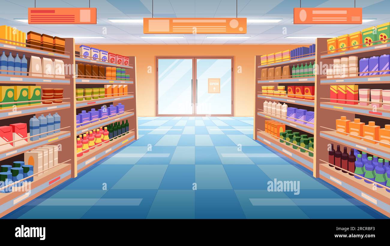 Vista in prospettiva del supermercato, illustrazione del vettore della corsia del supermercato. Interno di Cartoon Mart con scaffali e scaffale per la vendita e l'esposizione di prodotti alimentari, assortimento completo di prodotti da acquistare Illustrazione Vettoriale