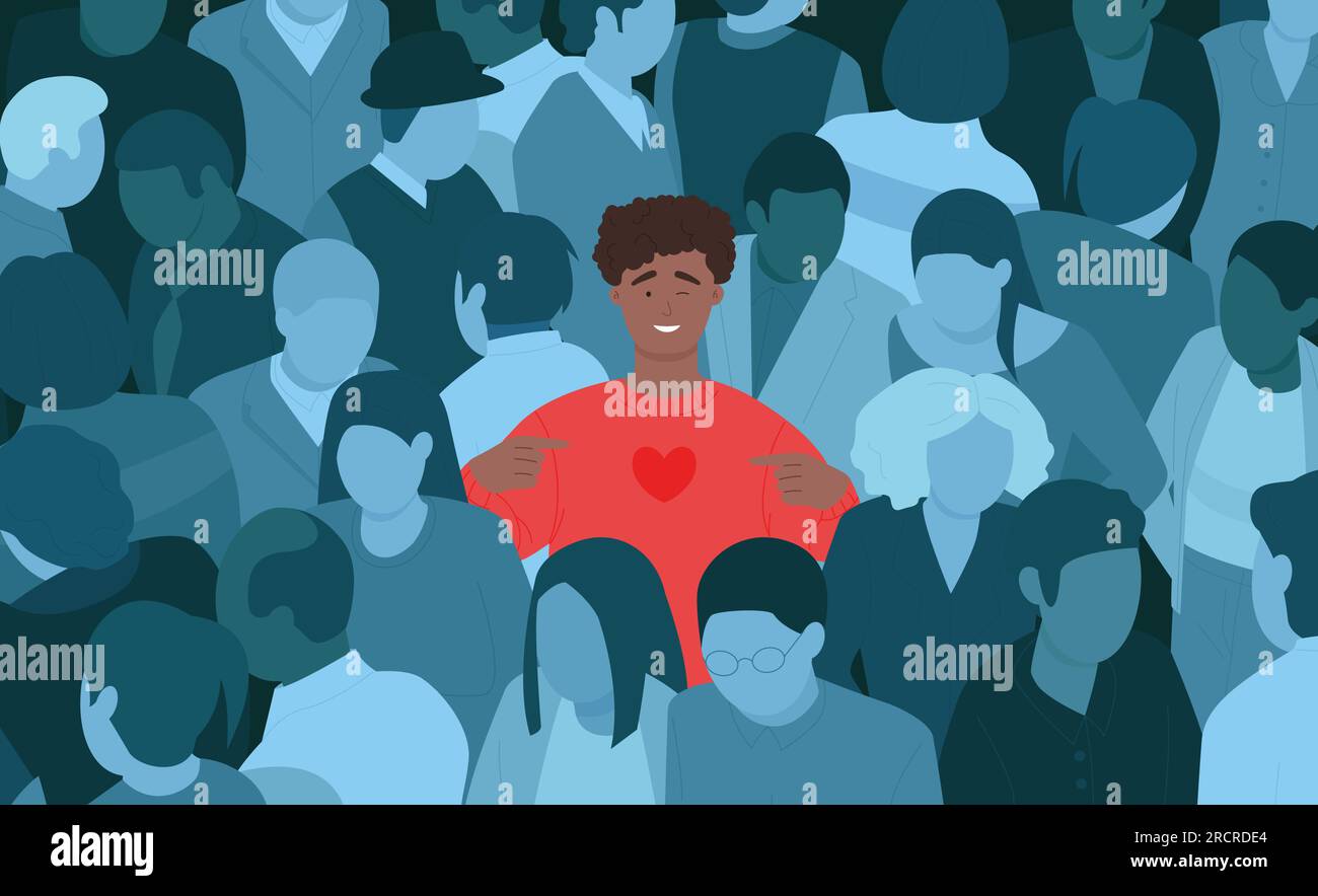 Uomo felice nell'illustrazione vettoriale. Il cartone animato ha isolato solo un ragazzo con il volto soddisfatto tra persone tristi senza volto della città, un personaggio maschile di talento unico che si trova tra il gruppo di raccolta in ombra Illustrazione Vettoriale