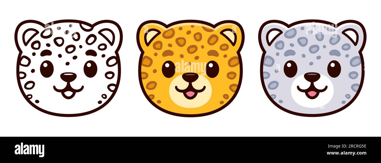 Simpatica icona del viso leopardato dei cartoni animati, piccolo animale kawaii. Linee in bianco e nero, leopardo delle nevi e colore giallo. Illustrazione della clip art vettoriale. Illustrazione Vettoriale