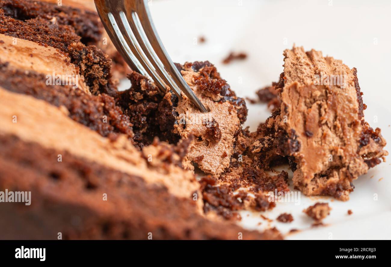 Primo piano di un piatto di torta al cioccolato. Foto Stock