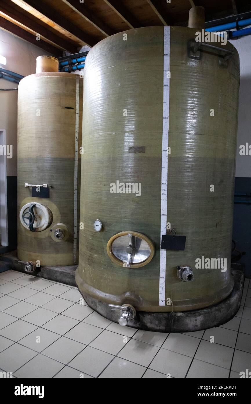 Due grandi vasche di stoccaggio in plastica utilizzate nella produzione di vinificazione. I serbatoi sono mezzo pieni di vino rosso. Foto Stock