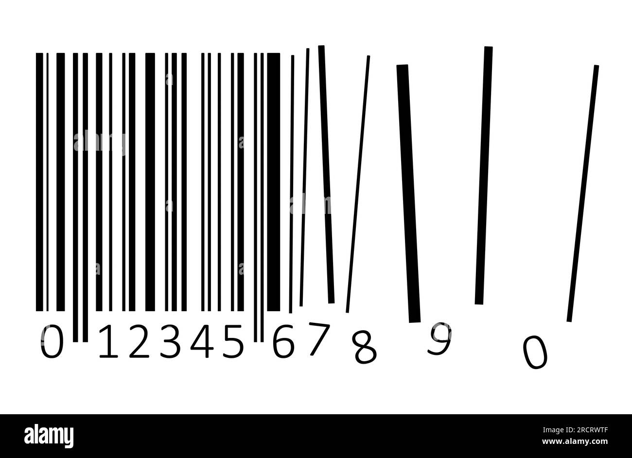Codice a barre nero con codice EAN interrotto su sfondo bianco. Illustrazione concettuale astratta. Foto Stock