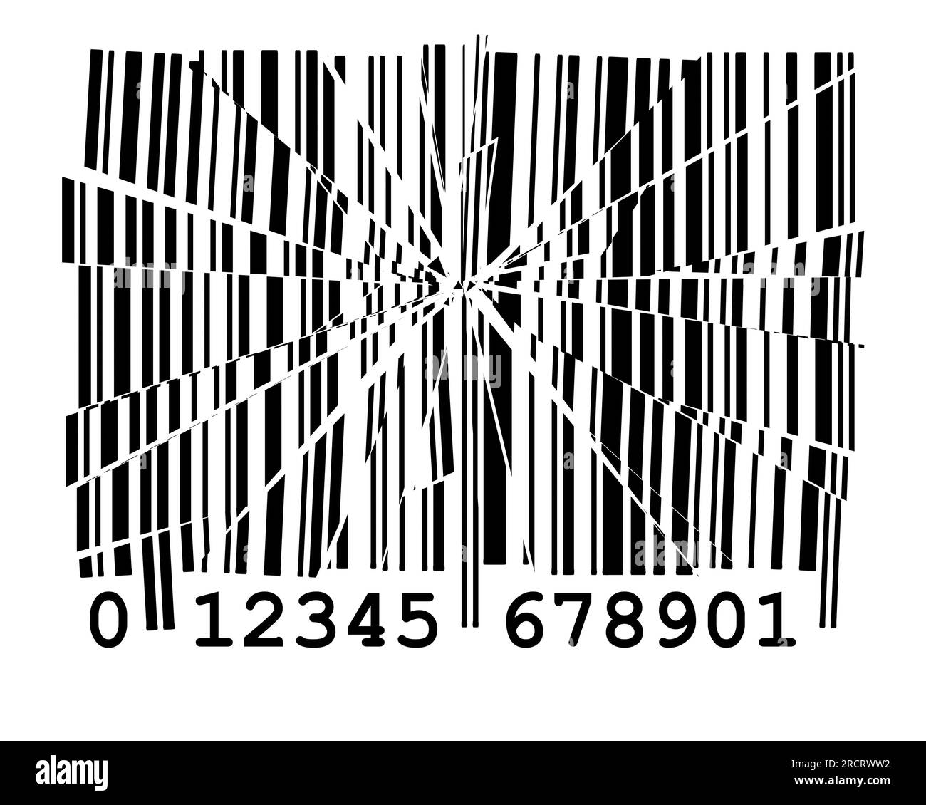 Codice a barre nero rotto o frantumato con codice EAN su sfondo bianco. Illustrazione concettuale astratta. Foto Stock