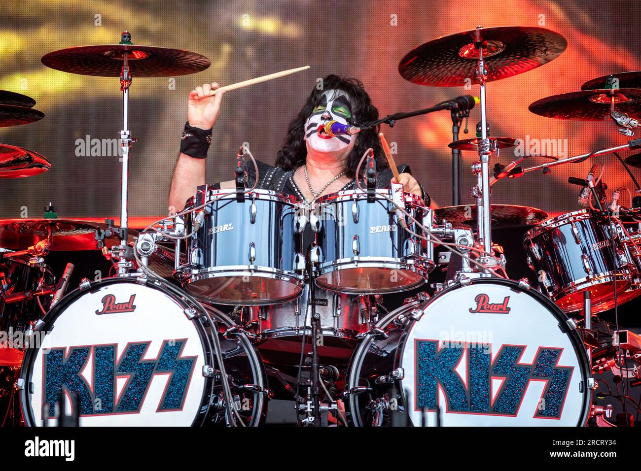 Tonsberg, Norvegia. 15 luglio 2023. La rock band americana Kiss esegue un concerto dal vivo al Kaldnes Vest di Tonsberg. Qui il batterista Eric Singer è visto dal vivo sul palco. Il concerto è stato l'ultimo in Europa come parte del End of the Road World Tour. (Foto: Gonzales Photo - Terje Dokken). Foto Stock
