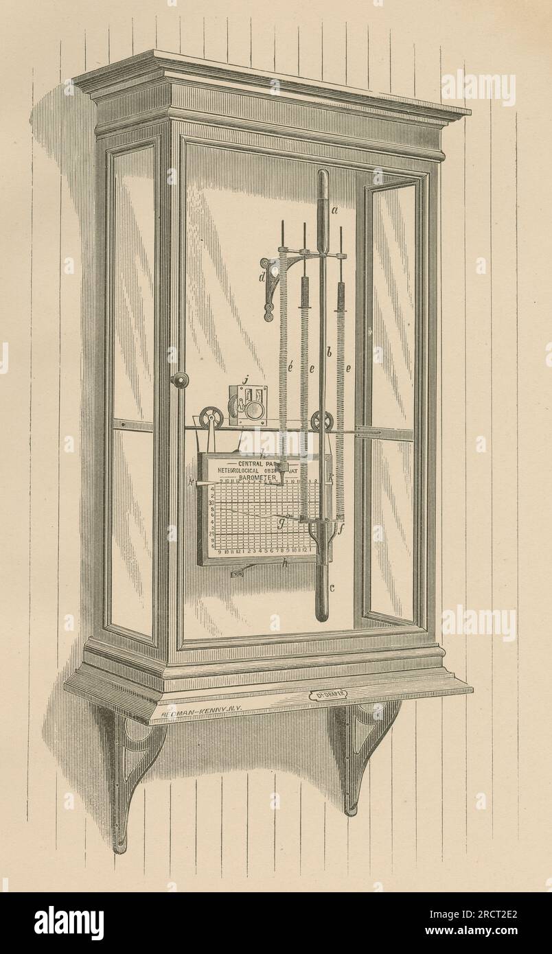 Antica incisione del 1878 dal rapporto annuale dell'Osservatorio meteorologico di New York di Daniel Draper, raffigurante il Barometro Mercurial di Draper. FONTE: INCISIONE ORIGINALE Foto Stock