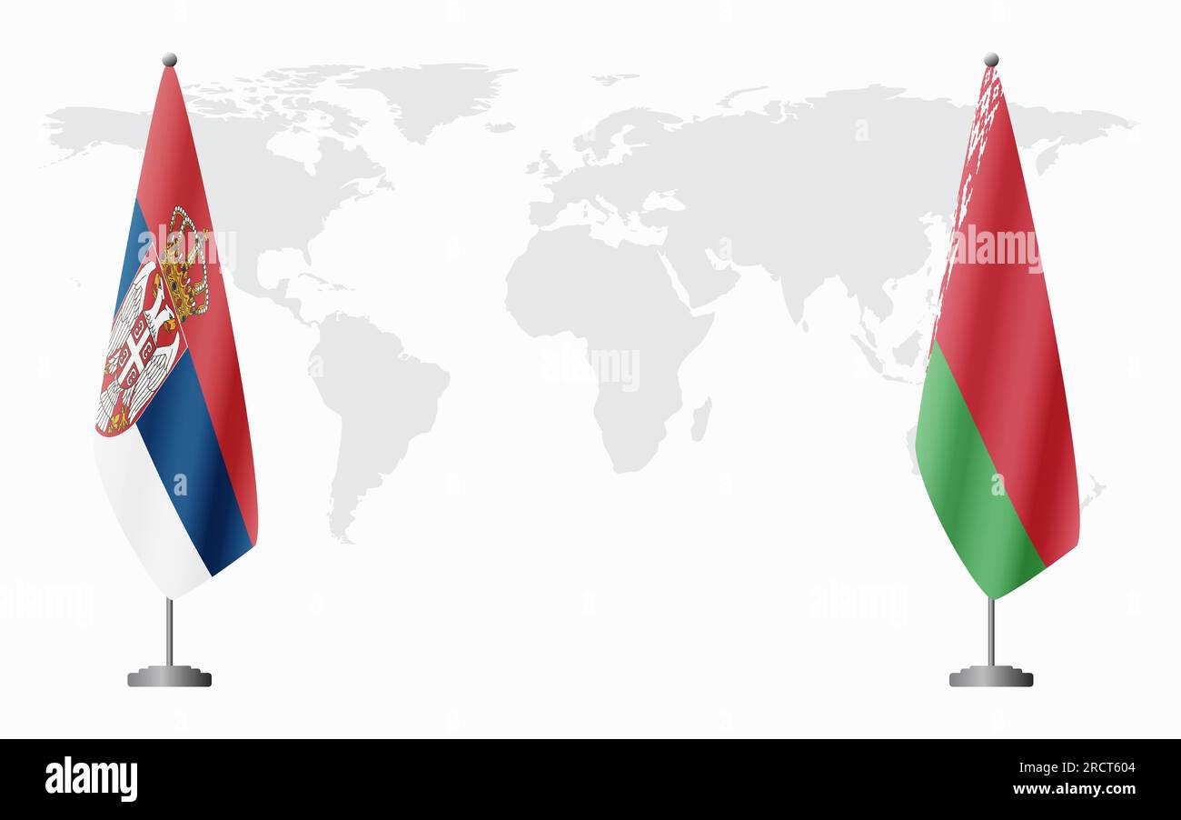 Bandiere serbe e bielorusse per incontri ufficiali sullo sfondo della mappa mondiale. Illustrazione Vettoriale