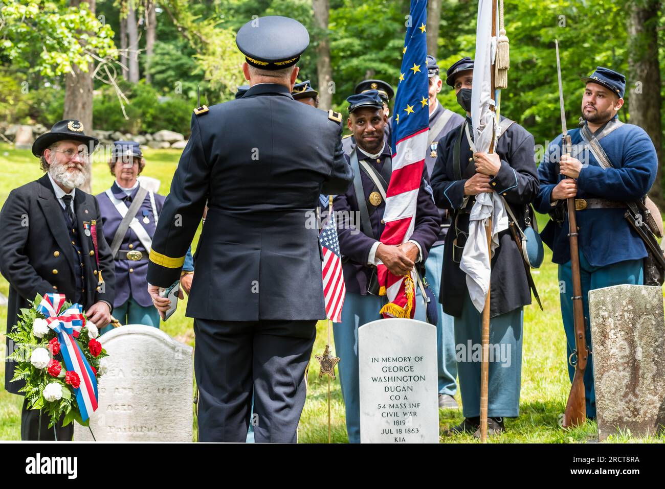 Cerimonia in onore della vita di George Washington Dugan, l'unico uomo nero di Concord ad arruolarsi nella guerra civile. Foto Stock