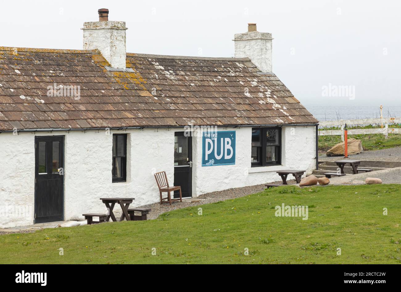 John o'Groats, Scozia, Regno Unito - 7 maggio 2023 - l'ultimo luogo pubblico del Regno Unito, il più a nord del paese Foto Stock