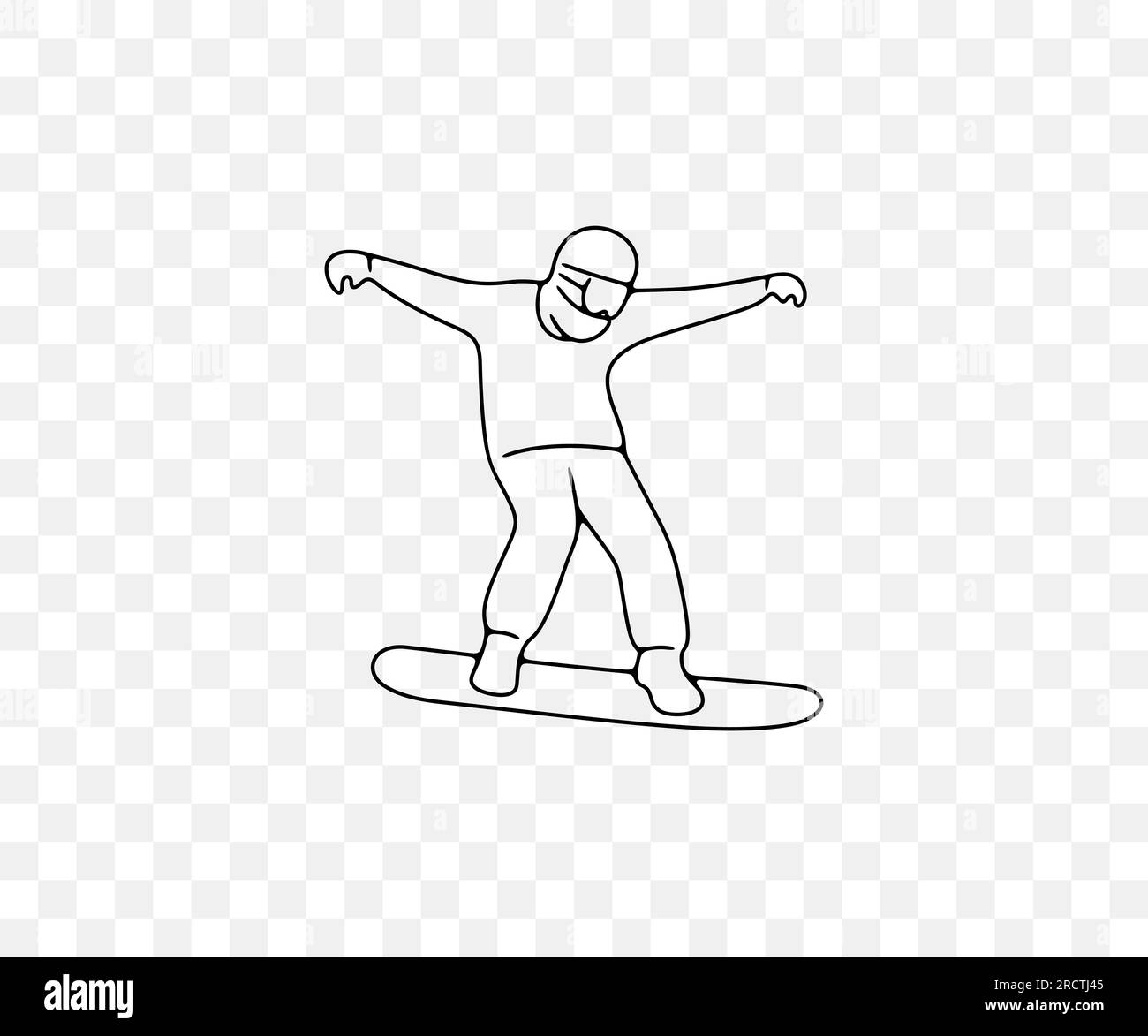 Snowboarder, snowboard e snowboard, design grafico lineare. Sport estremi, località sciistiche, stile di vita attivo e natura, design vettoriale e illustrazione Illustrazione Vettoriale