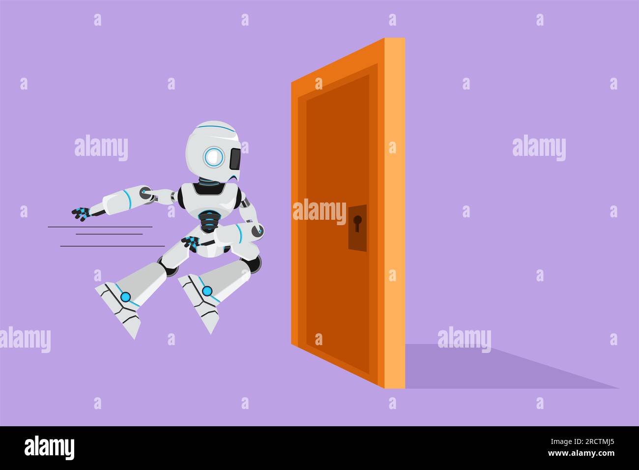 Robot da disegno in stile piatto dei cartoni animati in esecuzione e vogliono abbattere la porta. Metafora della lotta per gli affari. Intelligenza artificiale robotica moderna. Elettrone Foto Stock