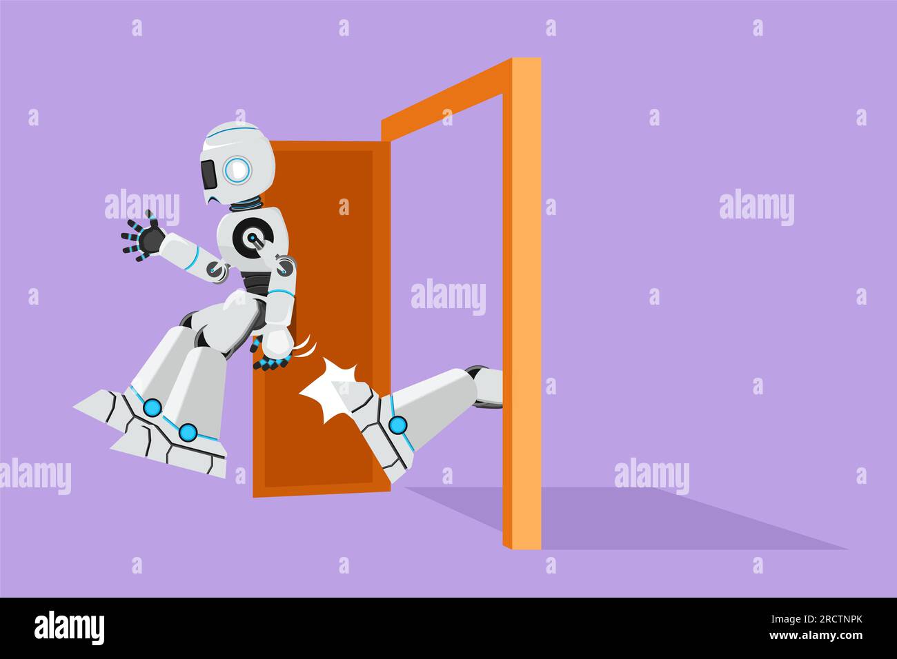 Il robot da disegno grafico con design piatto viene espulso dalla porta. Licenziato dal lavoro. Il boss lancia un cyborg non necessario. Sviluppo tecnologico futuro. Artificiale Foto Stock