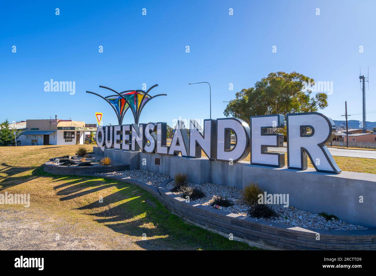 Segnale di confine del Queensland, Wallangarra, Queensland confine del nuovo Galles del Sud, Queensland, Australia Foto Stock