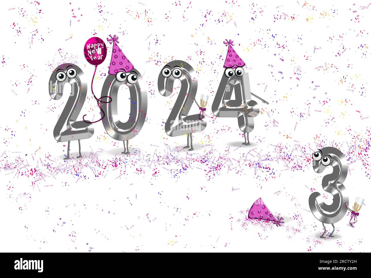 Capodanno 2024 illustrazione umoristica con cappelli da festa rosa e coriandoli Foto Stock